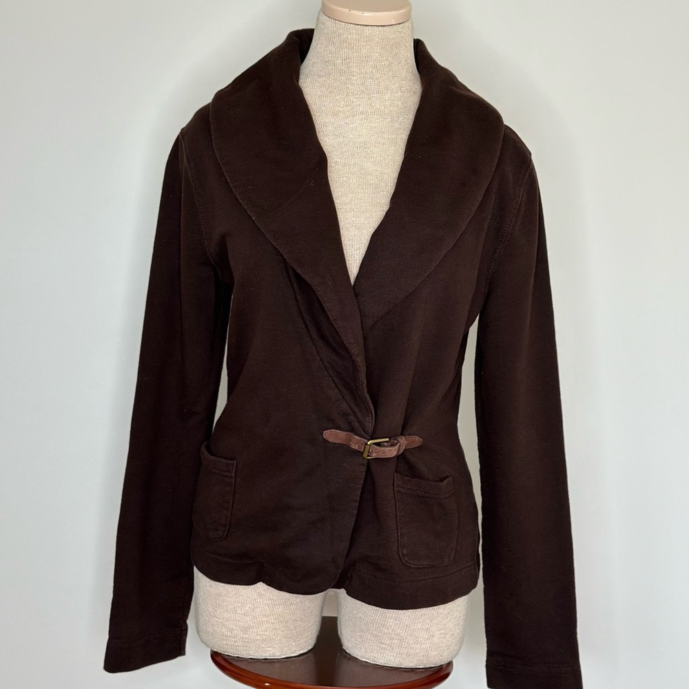 LRL Lauren Jeans Co. Women's Leather Buckle Brown Cardigan Sweater Size Medium
